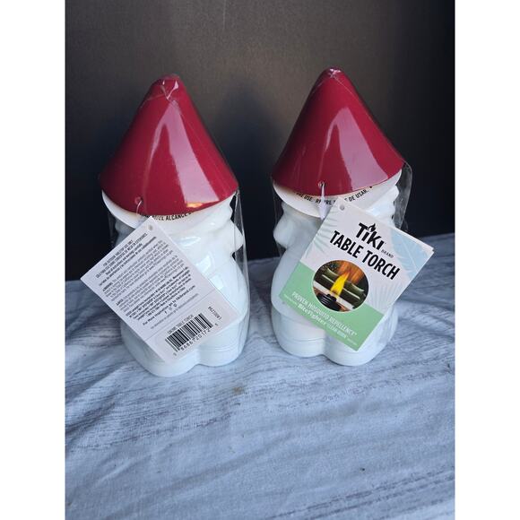 TIKI Gnome Table Torches Ceramic Red Hat Outdoor Patio Set of 2 - Picture 3 of 4